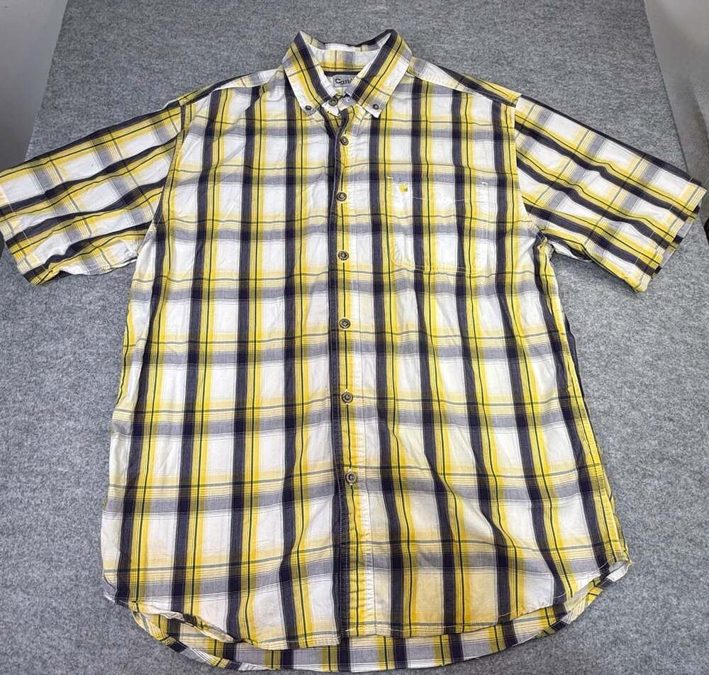 Carhartt Shirt Mens Medium Relaxed Fit Striped Yellow Short Sleeve Button Up